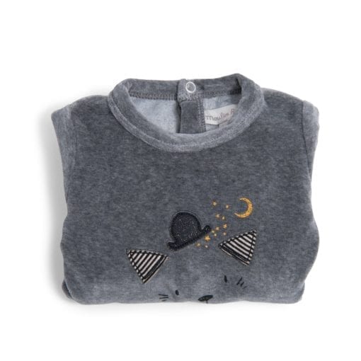 Pyjama bébé - 12m velours gris chiné tête chat - Les Moustaches - Moulin Roty